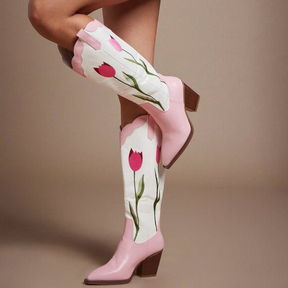 Pink Casual Women's Chunky Heel Tulip Embroidery Mid-Calf Western Boots - Picture 3 of 7